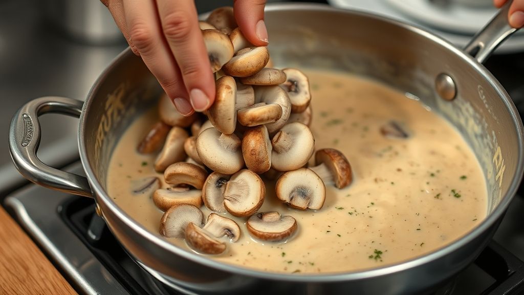 Mãos adicionando cogumelos frescos à panela com molho cremoso durante o preparo do estrogonofe