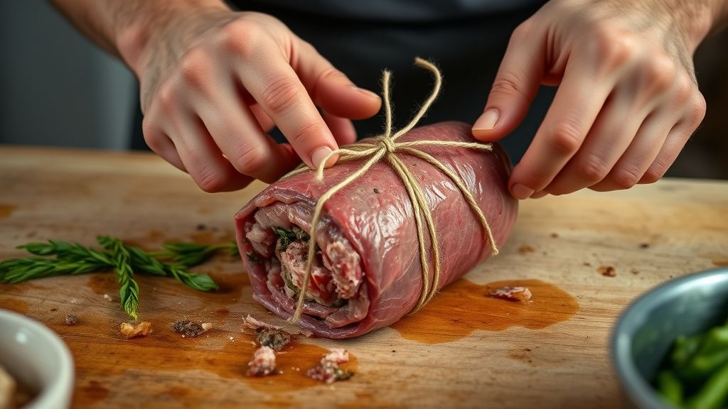 Mãos enrolando e amarrando o falso lombo recheado com barbante culinário antes de levar ao forno
