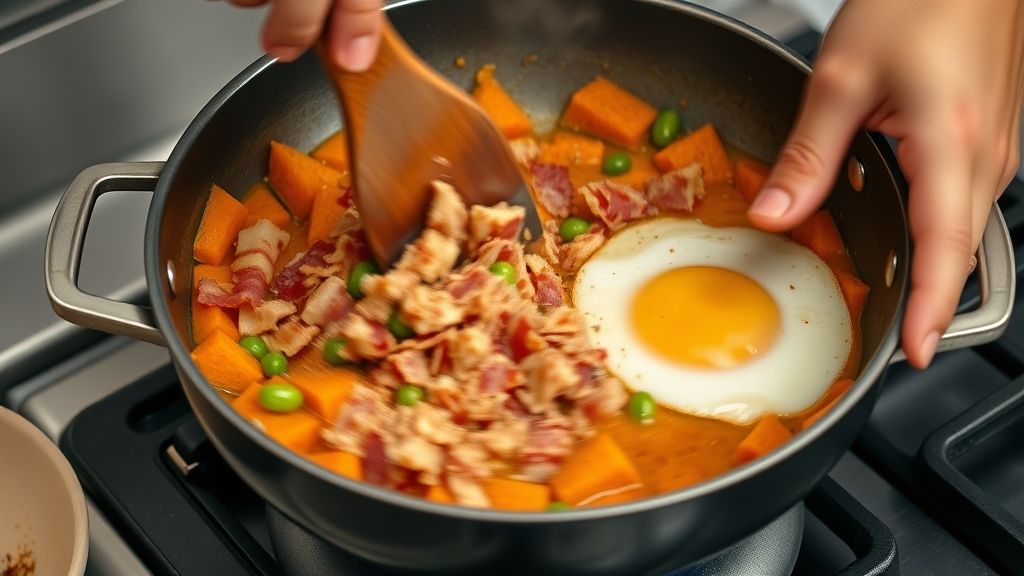 Mãos mexendo a farofa em frigideira grande, incorporando a farinha à mistura de bacon, cenoura e ovos dourados.