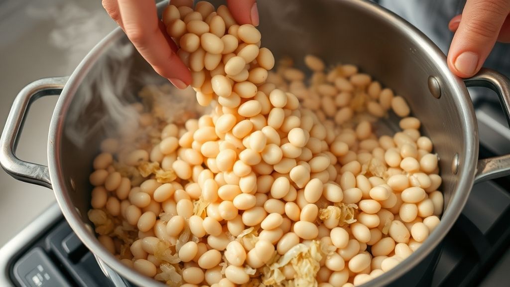 Mãos refogando cebola e alho em panela, com os feijões sendo adicionados para finalizar o preparo