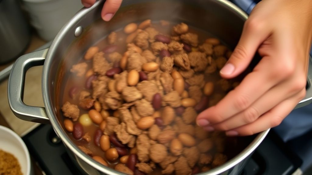Mãos refogando carnes e legumes durante o preparo da feijoada sem carne de porco