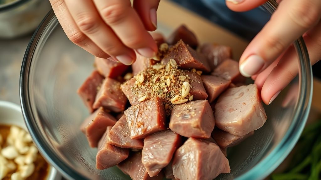 Mãos temperando tiras de fígado em tigela antes do preparo