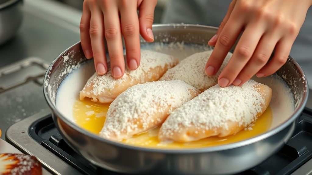 Mãos empanando o filé de frango durante o preparo, mostrando a textura do empanado