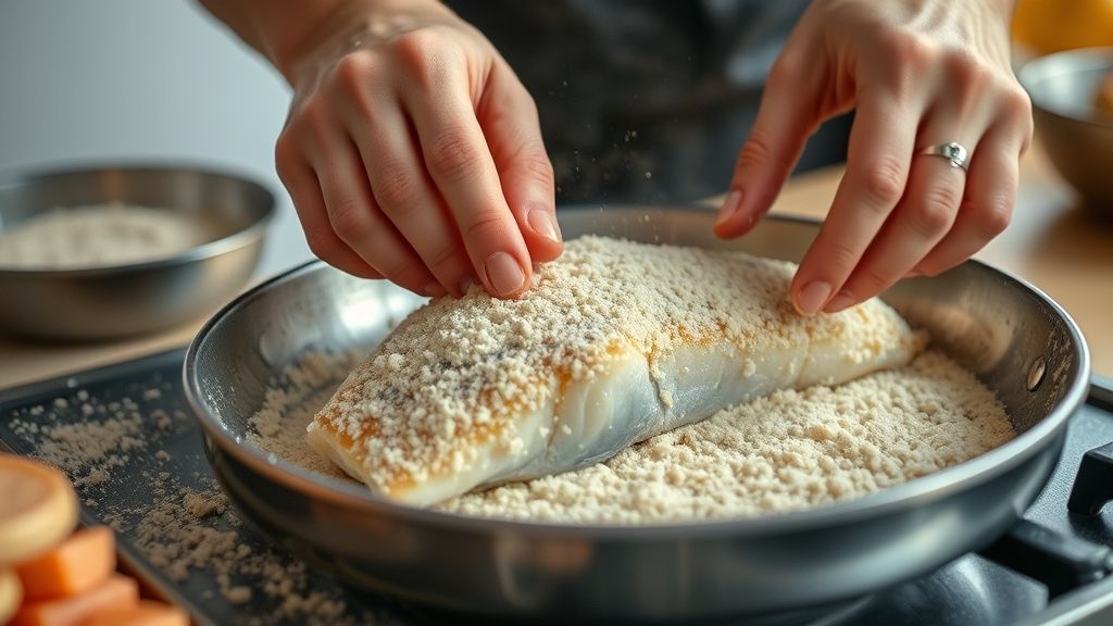 Mãos empanando filé de peixe na farinha de rosca, mostrando o passo de preparação.
