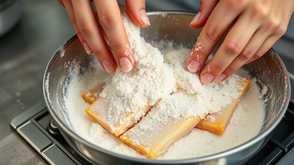 Mãos empanando tiras de filé de tilápia antes da fritura em cozinha caseira