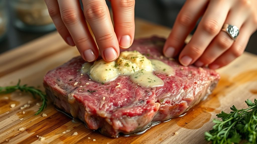 Mãos temperando a fraldinha com pasta de alho e azeite em uma assadeira