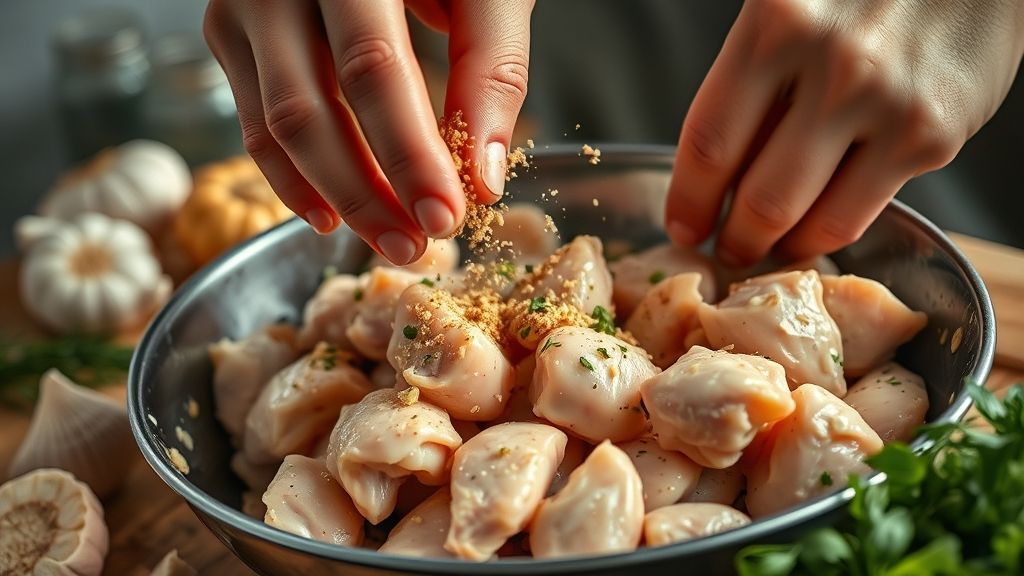 Mãos em ação temperando e misturando os pedaços de frango em tigela