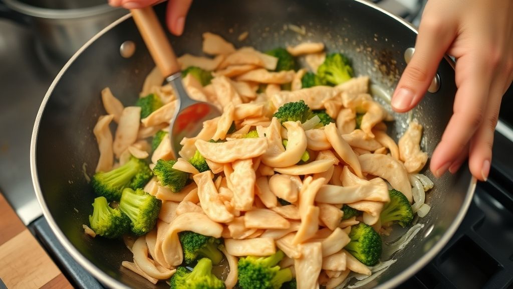 Mãos refogando frango em tiras com cebola e alho em uma frigideira grande.