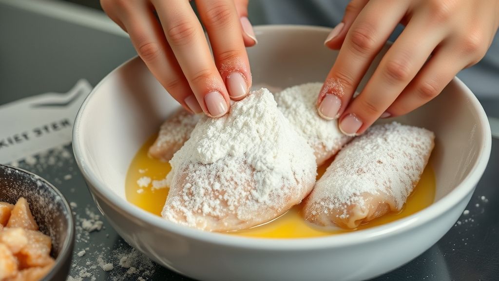Mãos empanando o frango em farinha e ovo antes da fritura, mostrando o processo de preparo