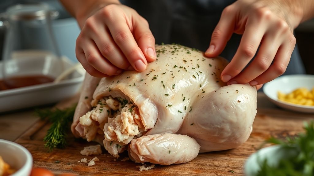 Mãos recheando o frango com a mistura de farinha de rosca, bacon e temperos antes de levar ao forno