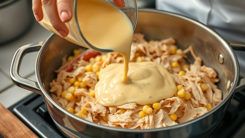 Mãos adicionando o creme de milho batido ao frango desfiado em panela durante o preparo