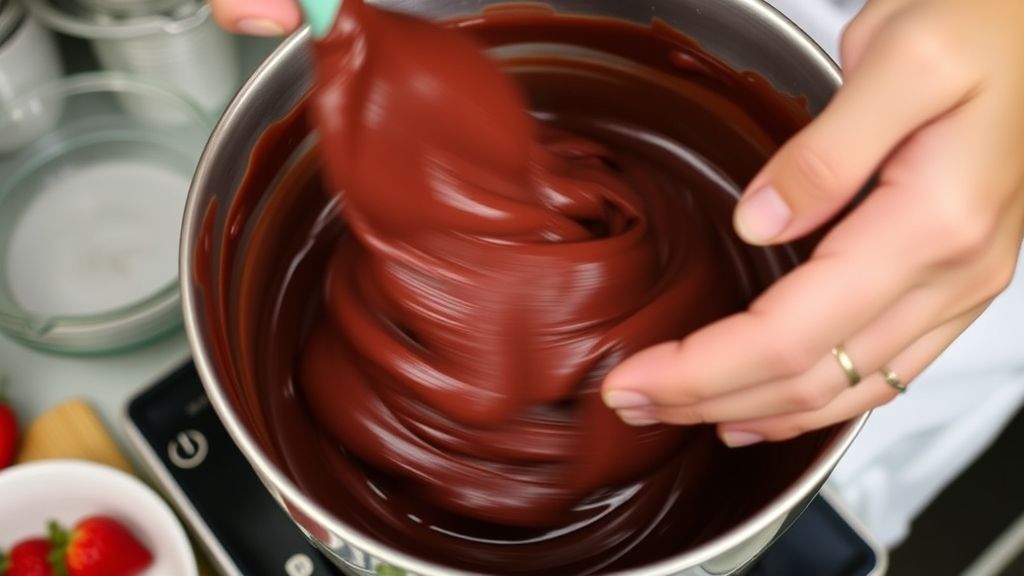 Mãos misturando o chocolate derretido com purê de morango em uma tigela, destacando o momento em que a ganache ganha cor e textura