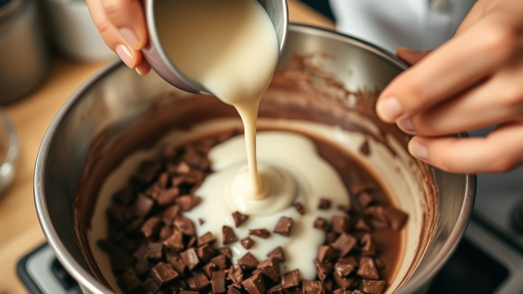Mãos despejando creme de leite quente sobre chocolate picado em tigela