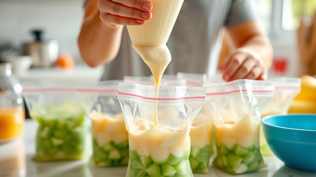 Mãos enchendo saquinhos de geladinho com a mistura cremosa usando um funil na cozinha.