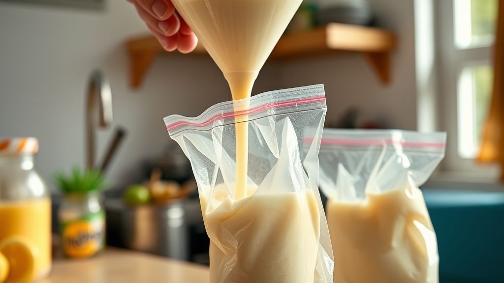 Mãos usando funil para encher saquinhos com a mistura cremosa de Tang