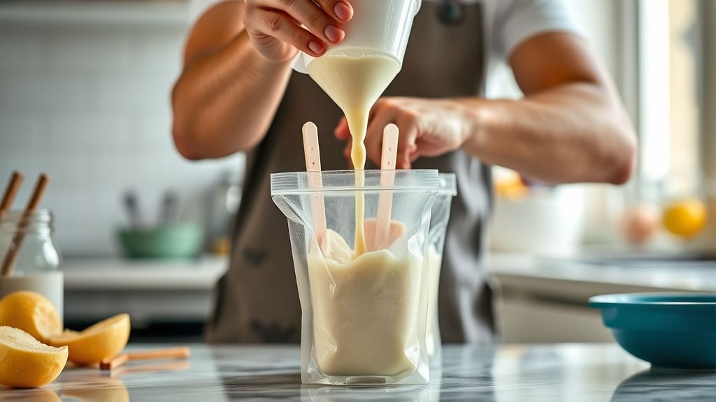Mãos enchendo saquinhos de geladinho com auxílio de funil em cozinha bem iluminada