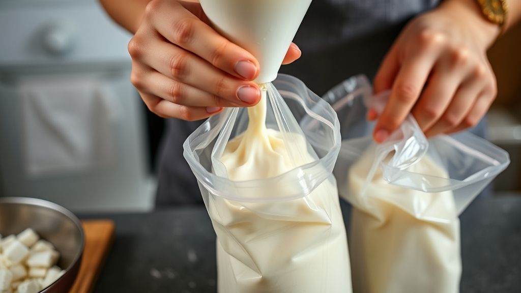 Mãos em ação enchendo os saquinhos de geladinho com um funil, mostrando a mistura cremosa sendo vertida