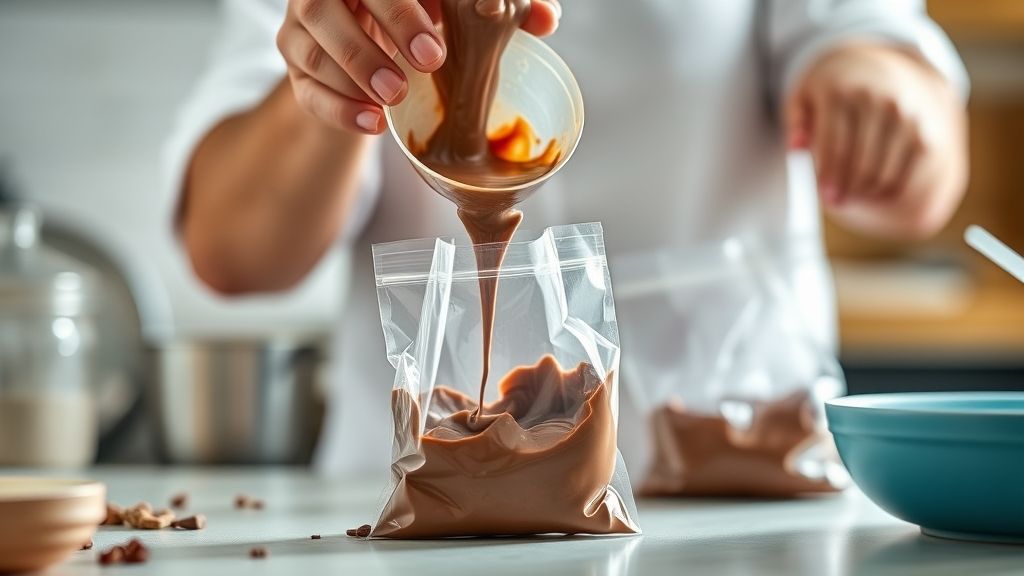 Mãos enchendo saquinhos com a mistura de chocolate utilizando um funil em uma cozinha limpa e iluminada