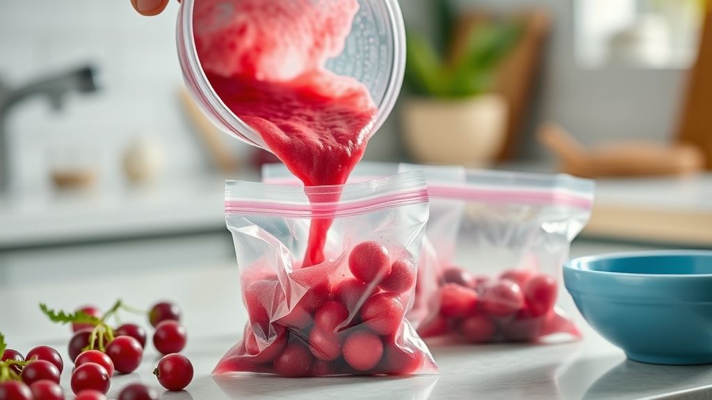 Mãos despejando a mistura rosada nos saquinhos de geladinho com auxílio de um funil de cozinha.