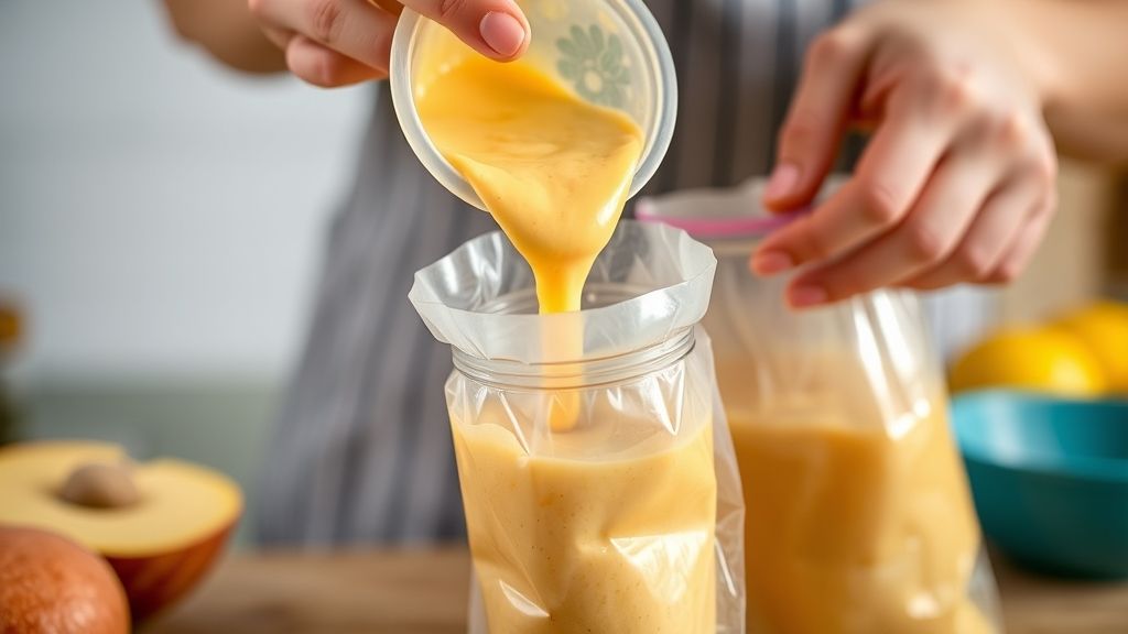 Mãos despejando a mistura cremosa de manga no saquinho de geladinho com auxílio de funil