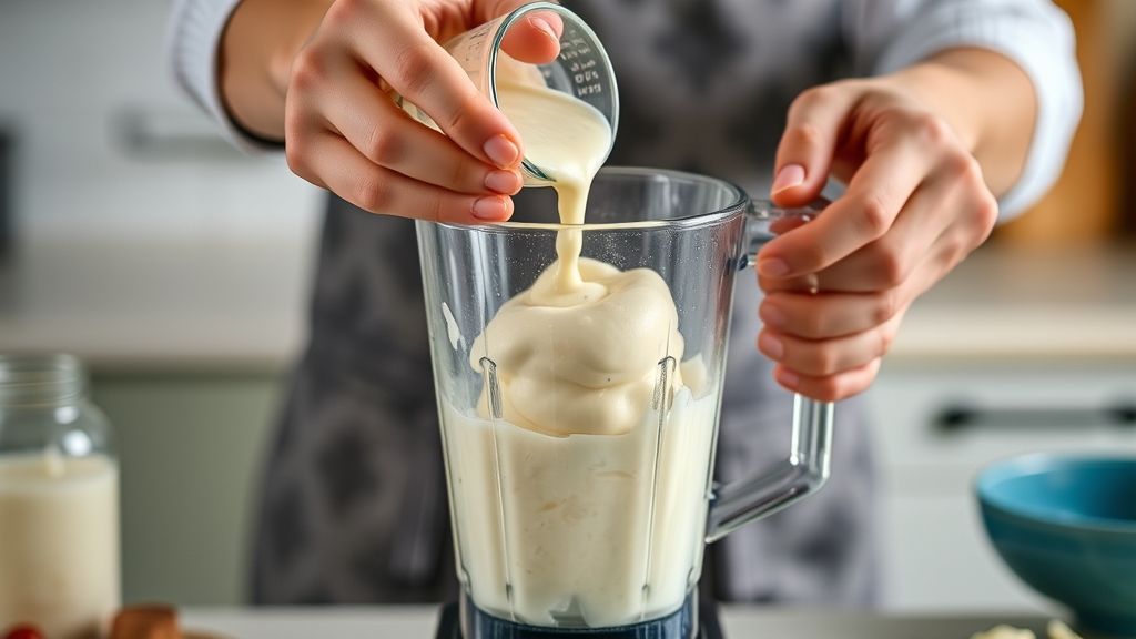 Mãos despejando mistura de leite, vodka e sabor no liquidificador, com utensílios visíveis ao redor.