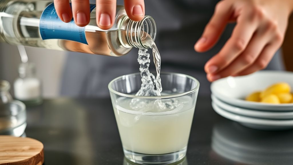 Mãos misturando a gelatina dissolvida e adicionando vodka com cuidado em uma tigela transparente