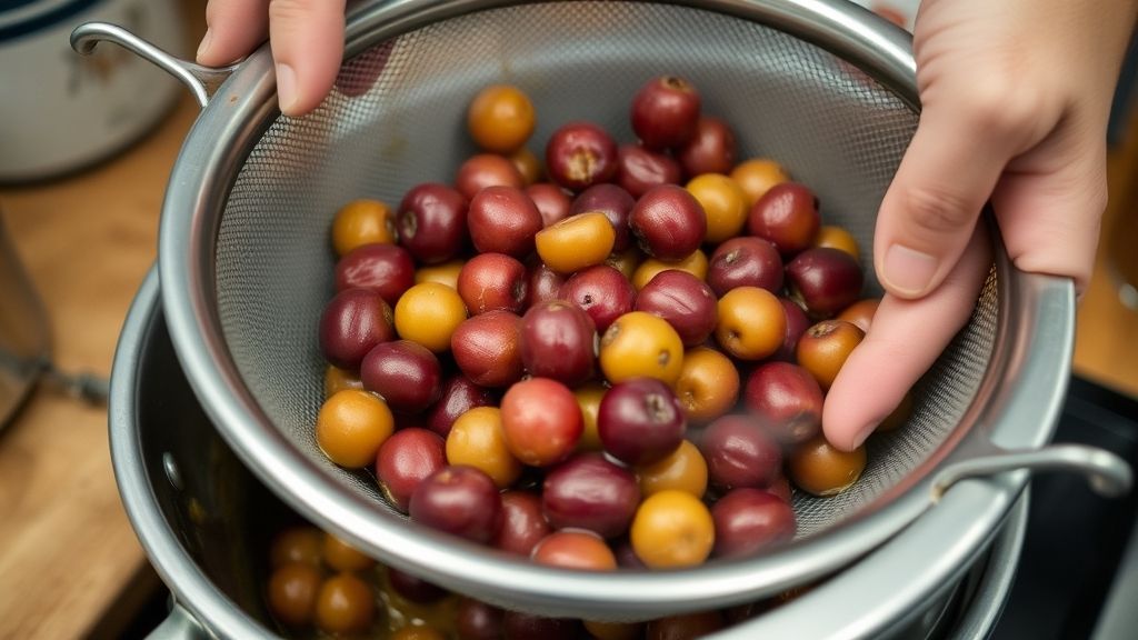 Mãos espremendo jabuticabas cozidas sobre peneira durante o preparo da geleia