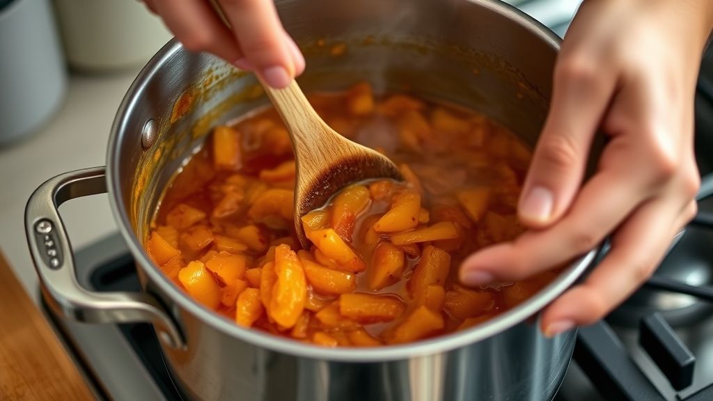 Mãos mexendo a mistura de laranja com açúcar e pimenta em panela durante o cozimento