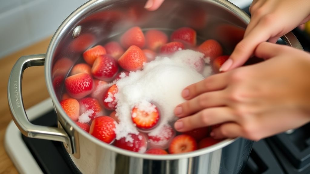 Mãos mexendo morangos e açúcar na panela durante o cozimento da geleia