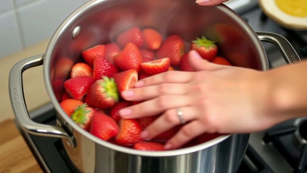 Mãos mexendo os morangos e o açúcar na panela durante o cozimento da geleia