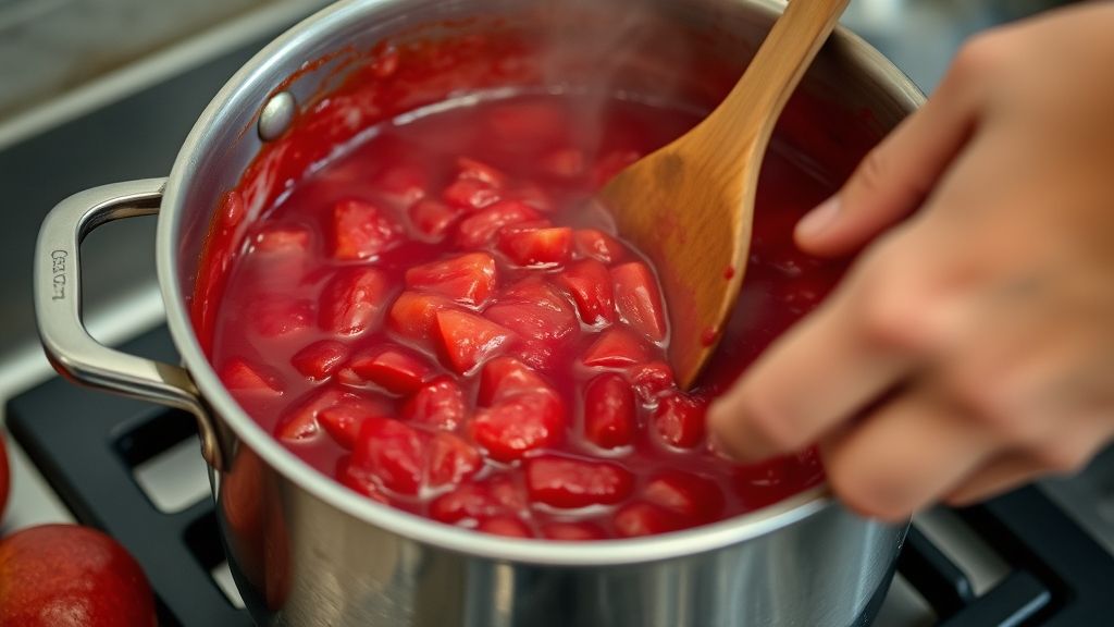 Mãos mexendo o cozimento da polpa de pitanga em panela com colher de pau durante o preparo da geleia