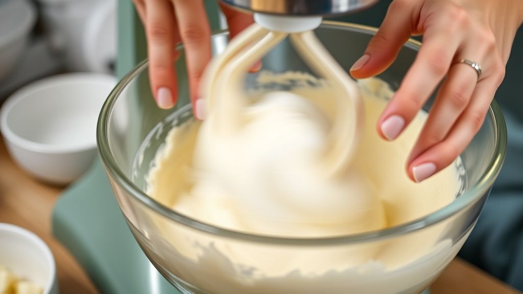 Mãos batendo a mistura de manteiga e açúcar até formar um creme leve