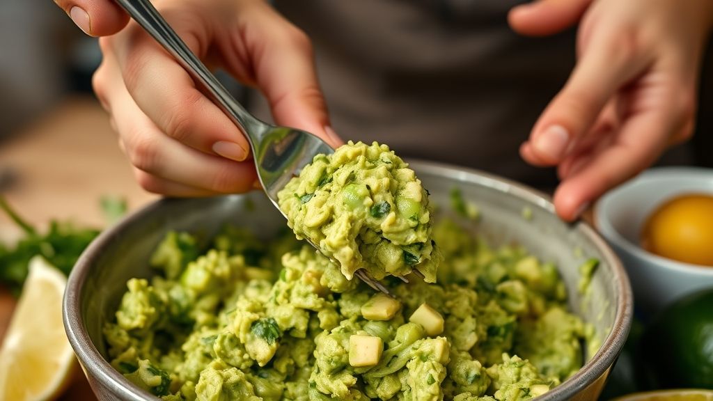 Mãos amassando abacate em tigela enquanto adicionam limão e temperos frescos