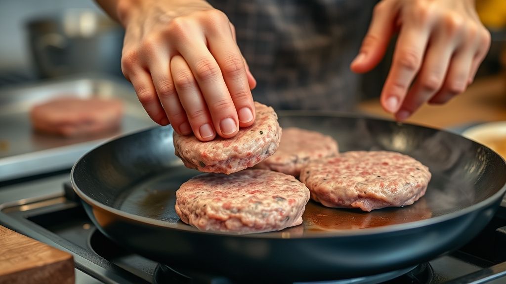Mãos modelando o hambúrguer de carne de porco sobre uma tábua antes de grelhar