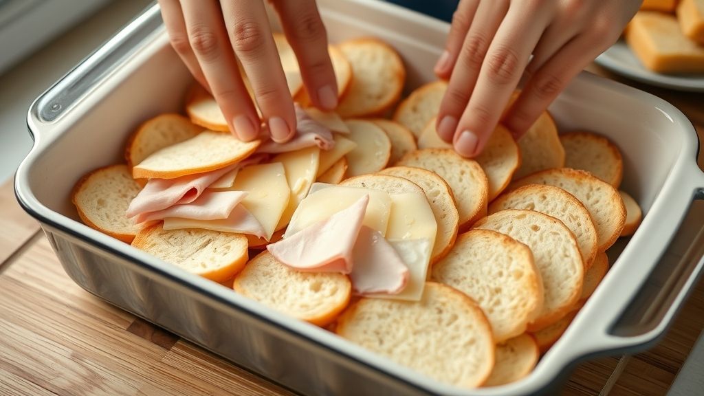 Mãos montando camadas do lanche com pão, presunto e queijo dentro de uma assadeira antes de gratinar