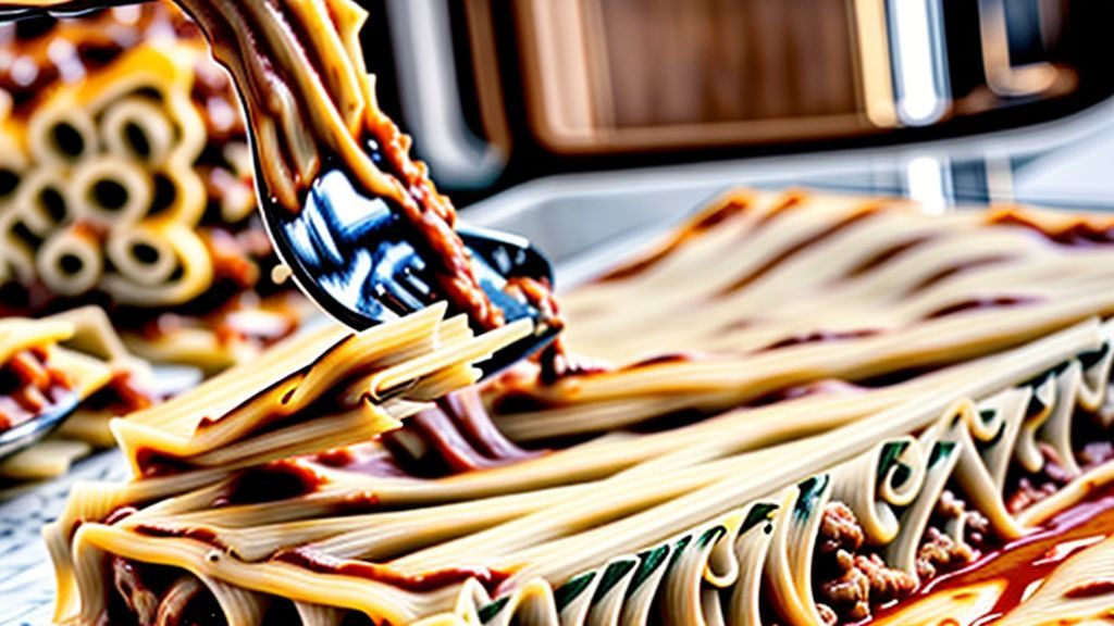 Mãos montando a lasanha, alternando camadas de molho, massa e queijo.