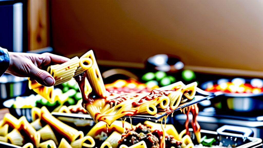 Mãos montando a lasanha com camadas de molho, queijo e massa em um refratário