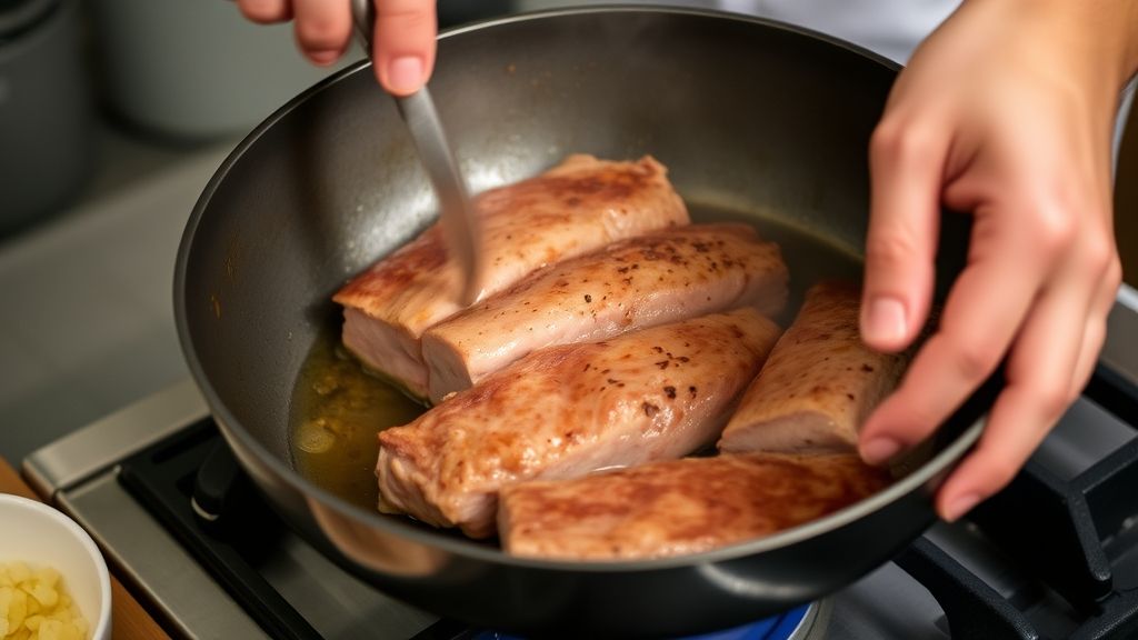Mãos selando o lombo em uma frigideira antes de levar ao forno, mostrando o processo de dourar a carne.