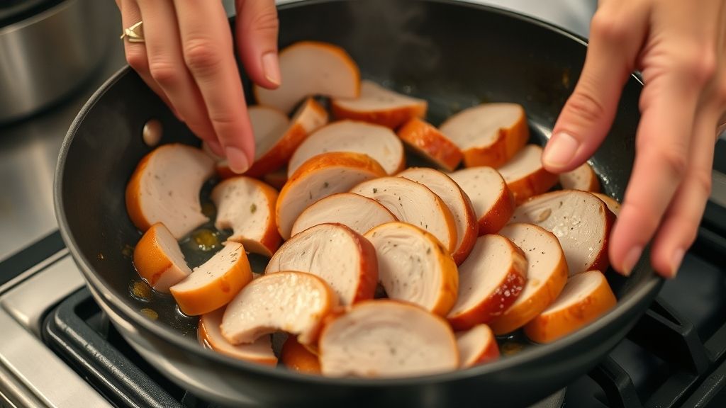 Mãos virando fatias de lombo em uma frigideira quente durante o dourado perfeito