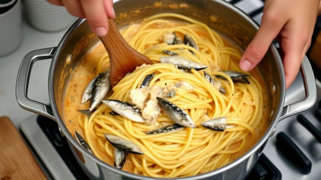 Mãos mexendo o molho cremoso de sardinha em uma panela, com o macarrão sendo incorporado