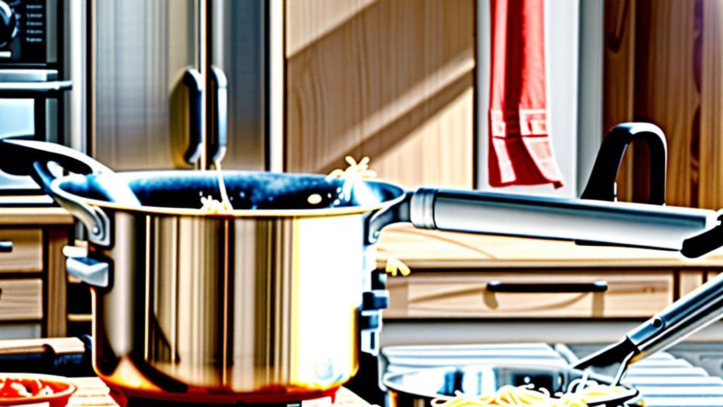 Mãos mexendo o macarrão na frigideira com molho de tomate, em cenário de cozinha real