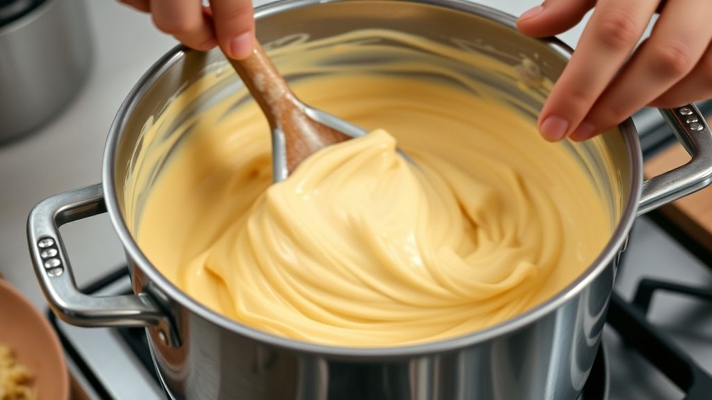 Mãos mexendo o molho de queijo cremoso em panela durante o preparo