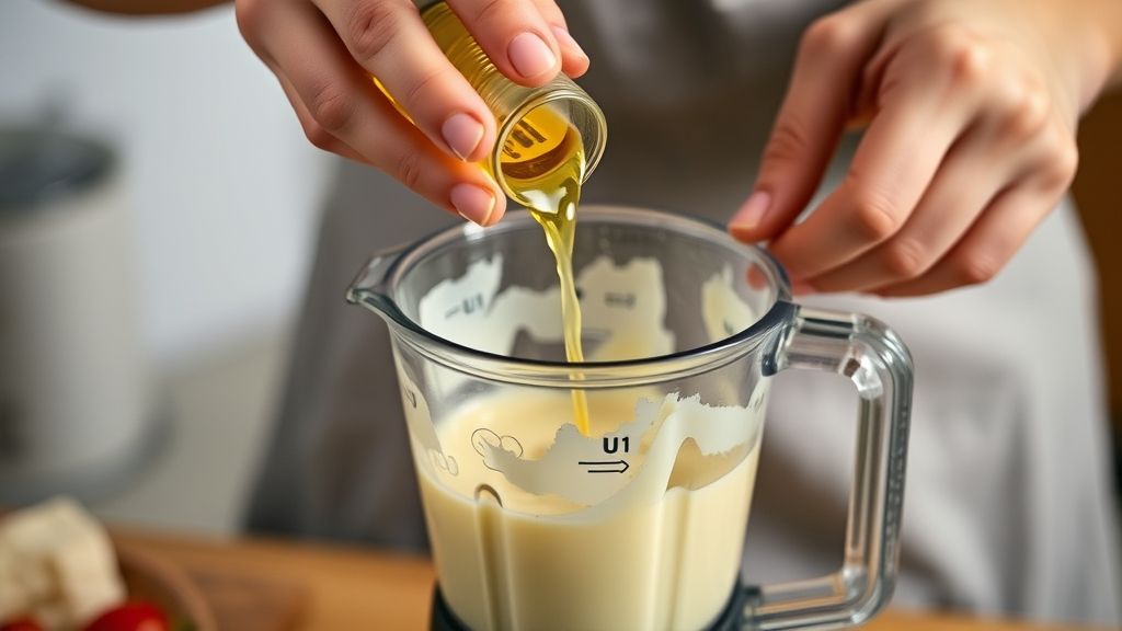 Mãos adicionando óleo em fio ao liquidificador durante o preparo da maionese