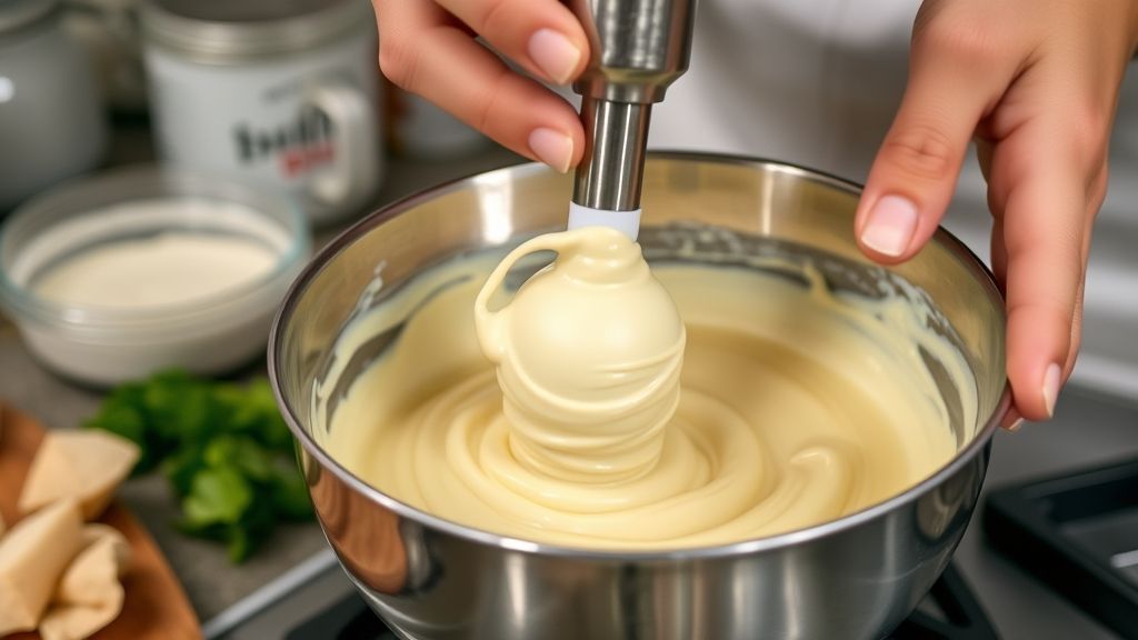 Mãos segurando o mixer enquanto emulsiona os ingredientes da maionese