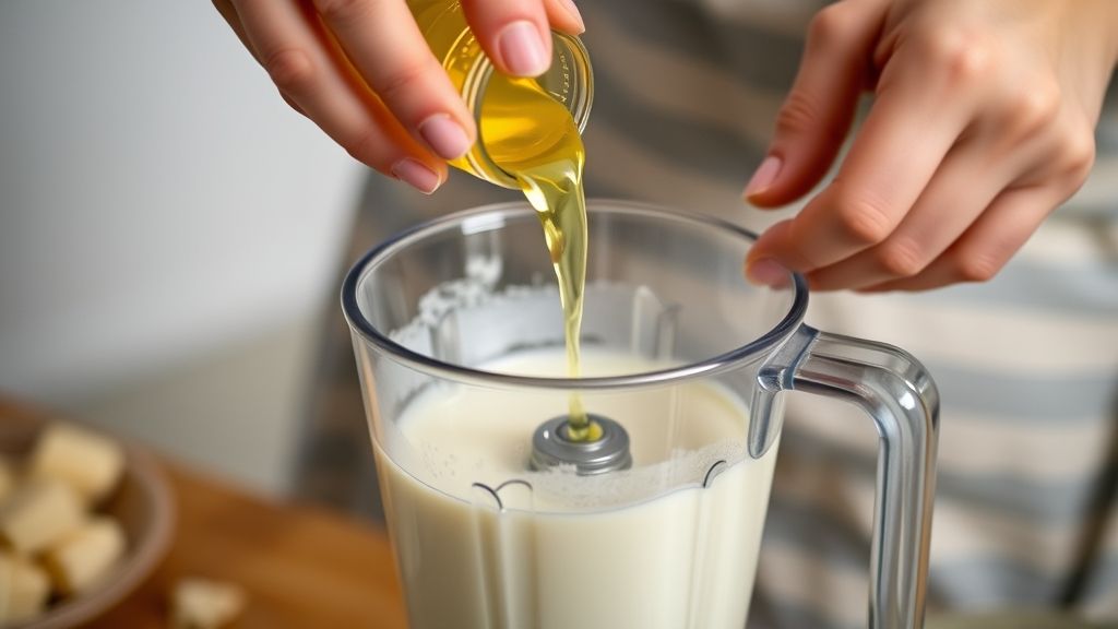 Mãos adicionando óleo em fio a um liquidificador com leite durante o preparo da maionese