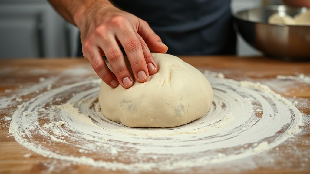 Mãos sovando a massa lisa e homogênea sobre uma bancada enfarinhada