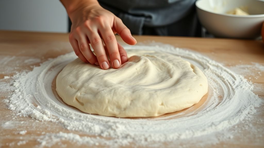 Mãos sovando a massa de pizza sem leite durante o preparo em uma superfície enfarinhada