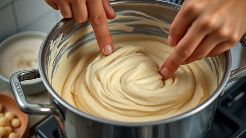 Mãos mexendo a massa de salgado em uma panela no momento da mistura