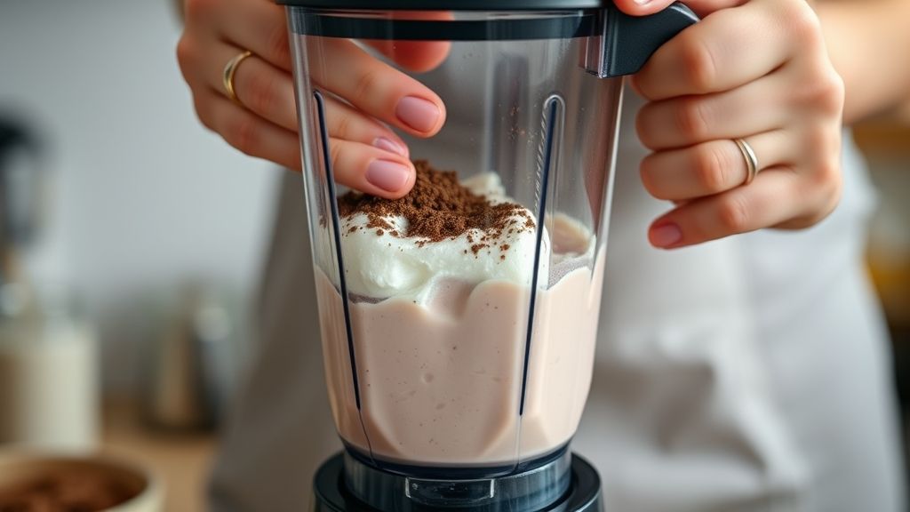 Mãos batendo sorvete, leite e Ovomaltine no liquidificador durante o preparo