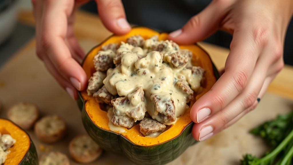 Mãos recheando a mini abóbora com a mistura cremosa de carne seca.